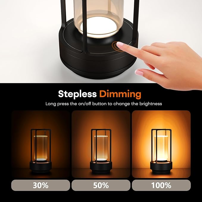 Portable Metal Table Lamp for Indoor/Outdoor ,Rechargeable Cordless LED Lamp, 3-Colour Infinitely Dimming Battery Powered Small Desk Lamp, Restaurant/Bedroom/Bar/Coffee/Camping Light (Black Set of 2) - Bloomnest