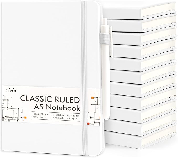 feela 12 Pack Notebooks Journals Bulk, Hardcover Notebook Classic Ruled Lined Journals with Pen Holder for Women Girls School Business Supplies, with 12 Black Pens, 120 GSM, 5.1”x8.3”, A5, White - Bloomnest