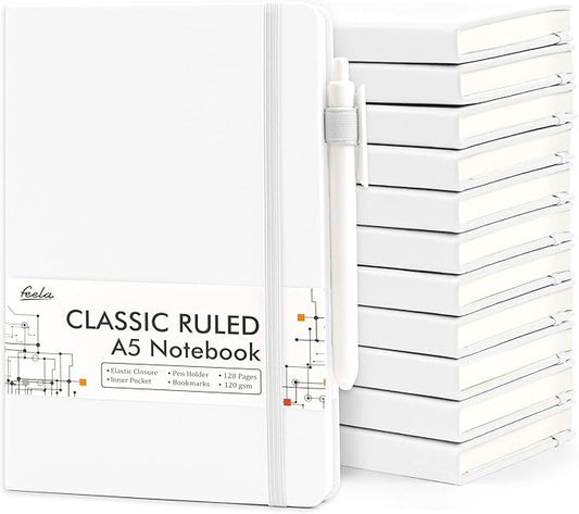 feela 12 Pack Notebooks Journals Bulk, Hardcover Notebook Classic Ruled Lined Journals with Pen Holder for Women Girls School Business Supplies, with 12 Black Pens, 120 GSM, 5.1”x8.3”, A5, White - Bloomnest