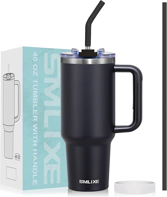 40 oz Tumbler with Handle and Straw Lid,Insulated Reusable Stainless Steel Water Bottle Travel Mug，Cupholder Friendly Double Wall Vacuum Sealed Cup (Black) - Bloomnest