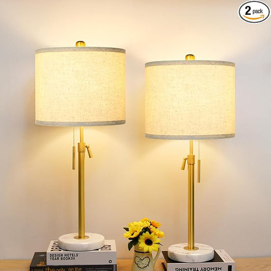 Table Lamp Set of 2: 22" to 30" Height Adjustable Pull Chain Switch for Living Room Bedroom End Table, Marble Base Beige Linen Shade Gold Nightstand Lamp for Office, Bedside Table (Gold, Beige Shade) - Bloomnest
