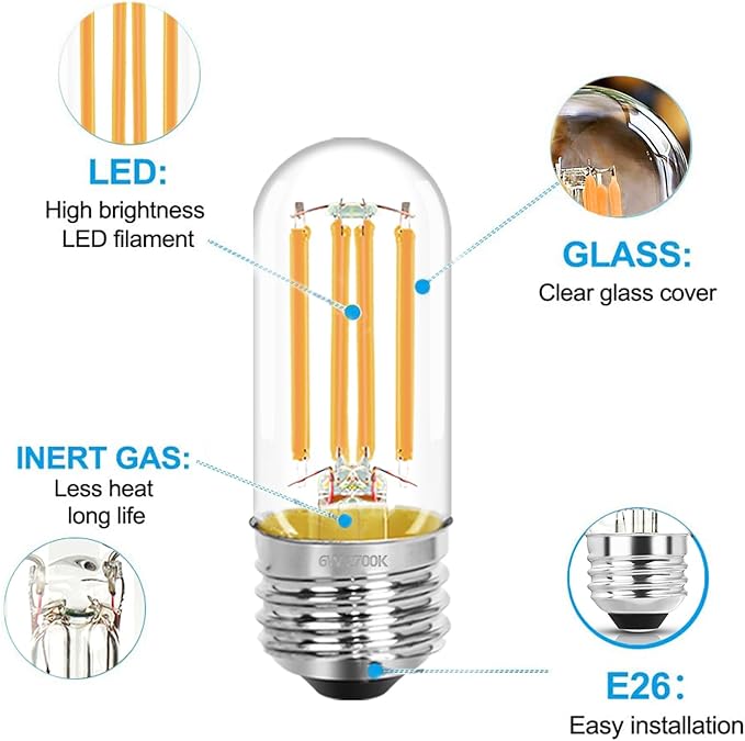 3.2 Inch E26 LED Bulb 60 Watt Equivalent, 2700K Soft White Edison Bulbs Dimmable, AC 120V 600LM T10/T9 Clear Glass Filament Light Bulbs UL for Pendant Wall Light Desk lamp-4 Pack - Bloomnest