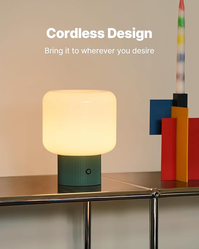 Halo Mushroom Lamp, 5W Cute Cordless Rechargeable Table Lamp with Glass Shade, 3 Color Temps LED Dimmable Ambient Lighting, Small Retro Touch Bedside Light for Bedroom Decor, Vintage Green - Bloomnest