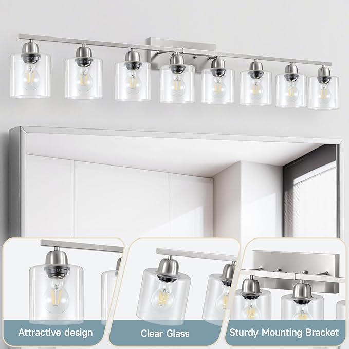 Modern Brushed Nickel 8 Light Bathroom Light Fixtures,52 inch Vanity Lights for Bathroom with Clear Glass for Mirror Kitchen Living Room Hallway Cabinet Porch - Bloomnest