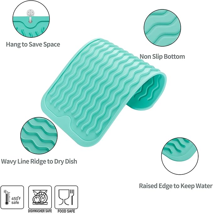 Silicone Dish Drying Mat for Multiple Usage,Easy clean,Eco-friendly,Heat-resistant Silicone Mat for Kitchen Counter or Sink,Refrigerator or Drawer Liner Mint S 12 inches x 6 inches - Bloomnest