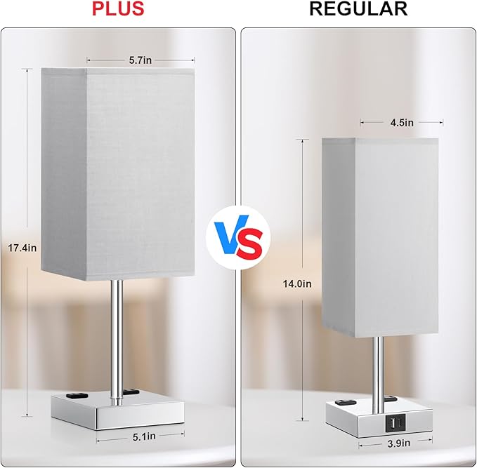 Touch Bedside Table Lamp For Nightstand - 3-Way Dimmable Night Lamp with USB A + Type C Charging Ports and two AC Outlets, Small Desk Light with E26 LED Bulb for Bedroom Living Room, GREY PLUS - Bloomnest