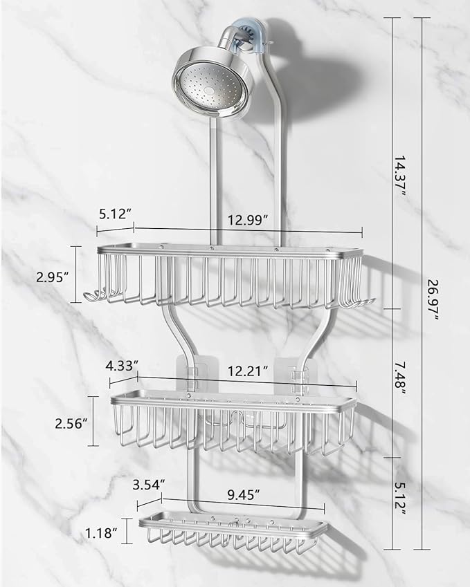 Shower Caddy Hanging - Never Rust Shower Hanging Organizer - Aluminum Over the ShowerHead Caddy with Soap Basket and 6 Hooks for Razor/Sponge (Frosted Silver) - Bloomnest