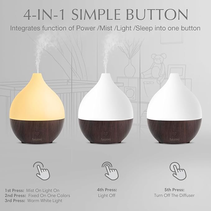 SALKING Essential Oil Diffuser, 100ml Small Aromatherapy Diffuser for Essential Oils, Auto Shut-Off Ultrasonic Diffusers, Cool Mist Humidifier with Warm White Lights, for Office Home (Dark) - Bloomnest