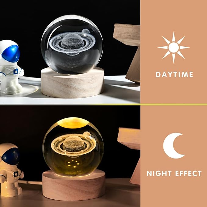 3D Saturn Crystal Ball with LED Stand, 60mm Glass Sphere Decorative Balls Lamp, Space Planet Model Galaxy Night Light Gifts for Women Kids - Bloomnest