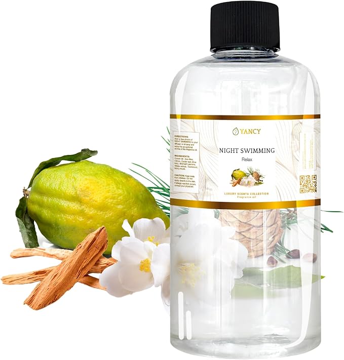 YANCY Night Swimming Luxury Collection Fragrance Oil (8 oz), Fresh Marine and Floral Scent, Soothing Aroma for Diffusers, Oil Burners & Aroma Lamps, Ideal for Nighttime Relaxation YancySpa