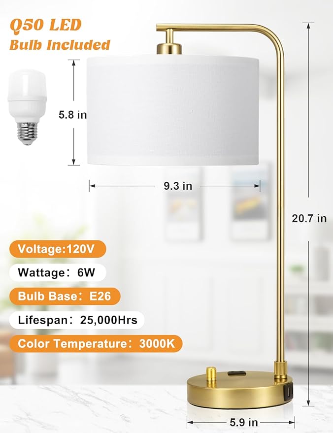Gold Table Lamp with USB Port and Outlet, Dimmable Nightstand Bedside Lamps with Linen Lampshade, Desk Lamp for Bedroom, Living Room, Guest Room, Home Office, LED Bulb Included - Bloomnest
