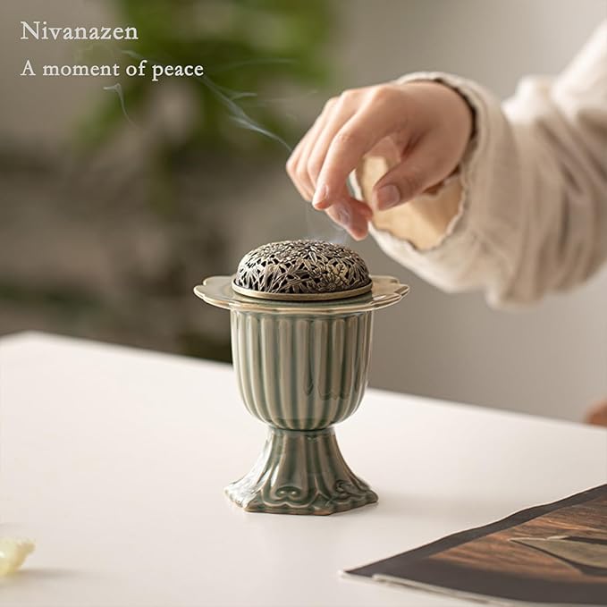 Ceramic Incense Holder with Braze Lid,Incense Cone Burner for Coil Incense,Mediation Gift,Home Decor (Light Green) - Bloomnest