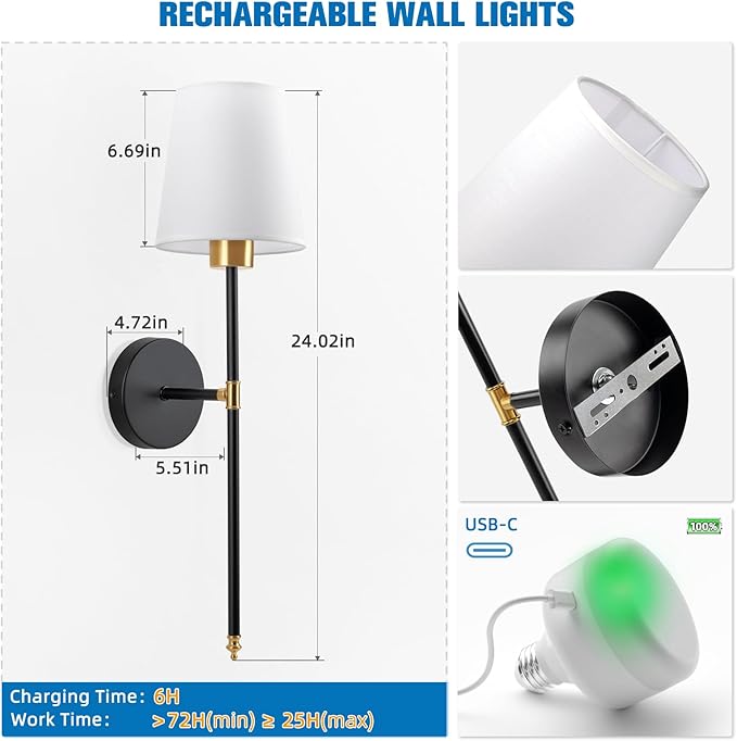 NIORSUN Battery Operated Wall Sconce Set of 2,Gold-Black Rechargeable Wall Lights with 5200mAh Dimmable Bulbs and Remote,9 Colors Wireless Wall Lamps for Bedroom Living Room Hallway Decor - Bloomnest