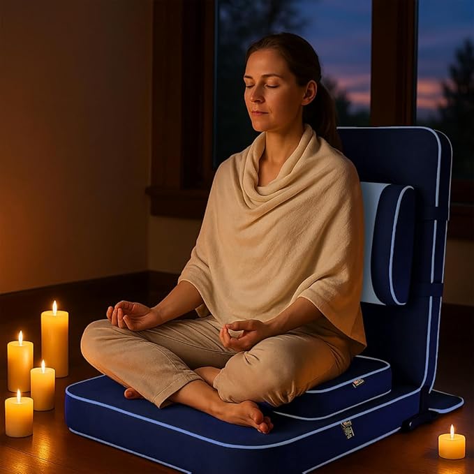 Friends Of Meditation Extra Large Meditation Chair | Floor Chair with Back Support | Yoga Chairs for Adults | Portable Folding Chair | Yoga Chair with Cushion & Meditation Block | Navy Blue | 24x22 in - Bloomnest