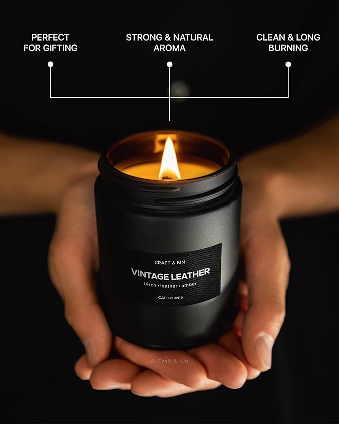 Craft & Kin Premium Vintage Leather Candle | Black Christmas Scented Candles for Men | Long Lasting with 45 Hour Burn Time, 7.6oz | Soy Holiday Candles | Aromatherapy at Home | Gifts for Men - Bloomnest