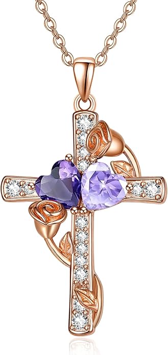 Rose Gold Dual Birthstones Cross Necklace for Women Rose Flower Jewelry Anniversary Christmas Mother's Valentine's Day Birthday Gift for Wife Girlfriend Mom - Bloomnest