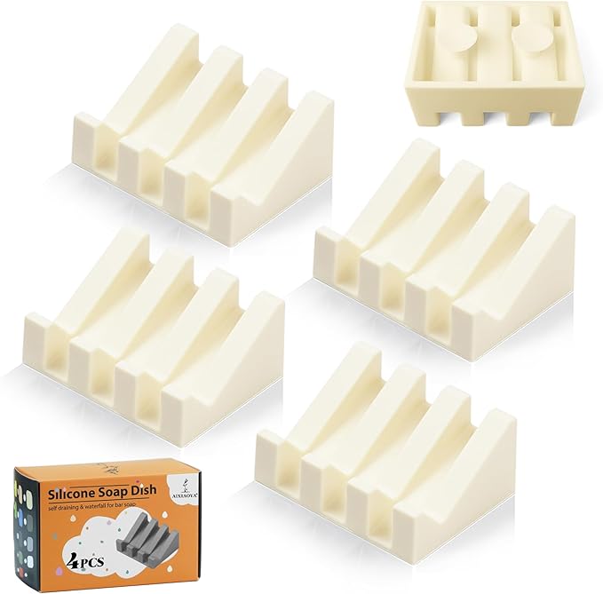 Silicone Soap Dish with Drain, Upgrade Double Suction Cups at The Bottom for Anti-Slip and Stability, Soap Dish Shower Waterfall Bar Soap Holder Tray with Drain Soap Holder (4, CreamWhite) - Bloomnest