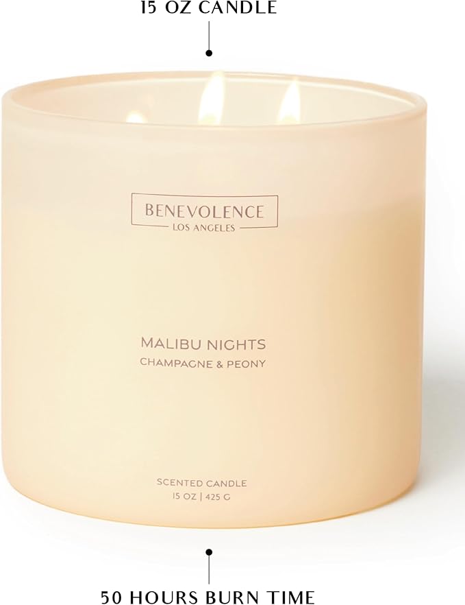 Champagne & Peony – Benevolence LA Large 3-Wick Fall Scented Candle for Home | 15oz, 50-Hour Burn | Natural Soy Wax, Cotton Wicks | Romantic Autumn Fragrance | Malibu Sands Collection – Gift for Women - Bloomnest