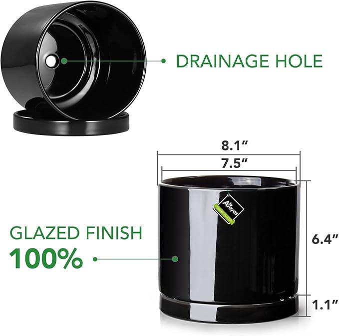 Aveyas 8 inch Ceramic Plant Pot with Drainage Hole and Saucer - Suitable for Indoor and Outdoor Use, Modern Planters for House Garden Flower Tree Snake Monstera Plants (8", Glossy Black) - Bloomnest