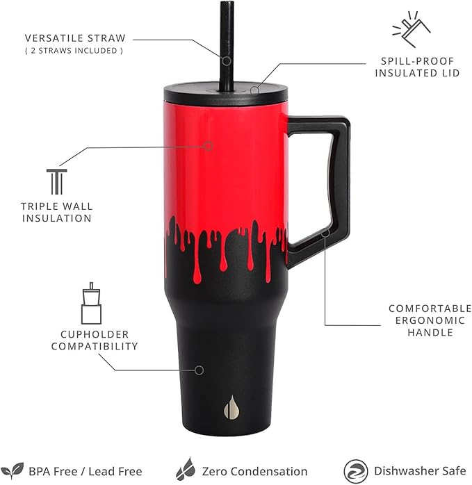 Elemental 40 oz Tumbler with Handle and Straw - Spill Proof Insulated Stainless Steel Commuter for Hot and Cold Beverages - Travel Coffee Mug with 2 Straws & Spill Proof Lid - 40oz - Sanguine Drip - Bloomnest