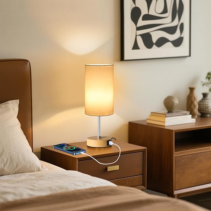 Unicozin Small Table Lamp, 3CCT & 7 RGB Color Changing, Dimmable Nightstand Lamp with Wood Grain Base, Touch Bedsides Lamp for Bedroom, Office, Kids Room, Nursery, Party, White Shade - Bloomnest