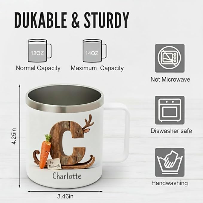 Personalized Christmas Coffee Mug with Custom Name & Reindeer Initial - 14oz Insulated Stainless Steel Tumbler with Handle & Lid - Rustic Rudolph Design, Unique Holiday Gift for Family (B60) - Bloomnest