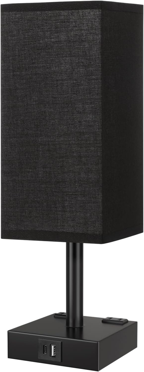 Touch Bedside Table Lamp for Nightstand - 3-Way Dimmable Night Lamp with USB A + Type C Charging Ports and Two AC Outlets, Small Desk Light with E26 LED Bulb for Bedroom Living Room Dorm Office,Black - Bloomnest