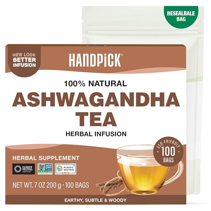 HANDPICK, Ashwagandha Root Tea (100 tea Bags) - Herbal Supplement - For Health & Wellbeing | Caffeine Free, Gluten Free | Packed in Ecofriendly Tea Bags - Bloomnest
