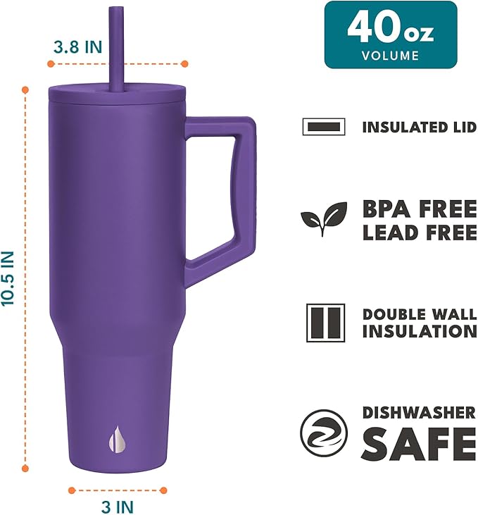 Elemental 40 oz Tumbler with Handle and Straw - Spill Proof Insulated Stainless Steel Commuter for Hot and Cold Beverages - Travel Coffee Mug with 2 Straws & Spill Proof Lid - 40oz - Purple - Bloomnest