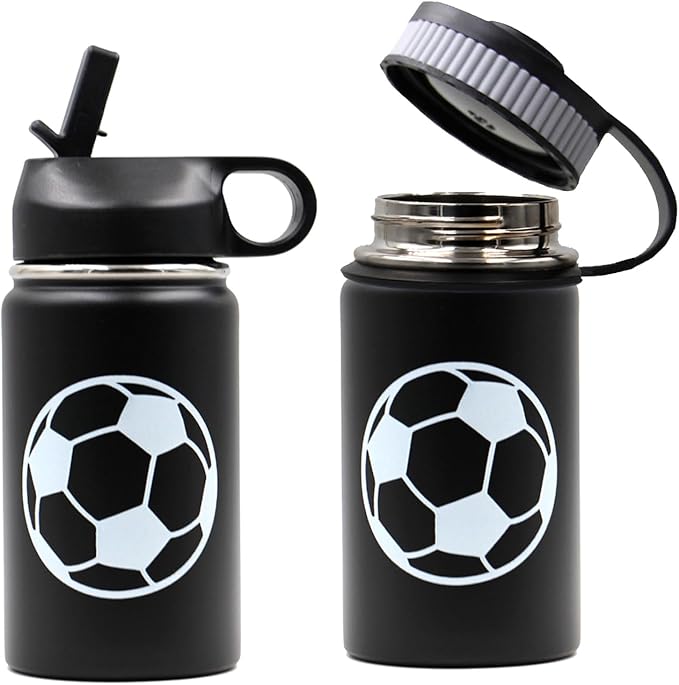 12 oz Soccer Water Bottle with Straw, Sports Flask Metal Travel Tumbler with 2 Lids, BPA Free Stainless Steel Double Wall Vacuum Insulated Leak Proof Thermo Water Bottles, Soccer Gifts for Boys Girls - Bloomnest