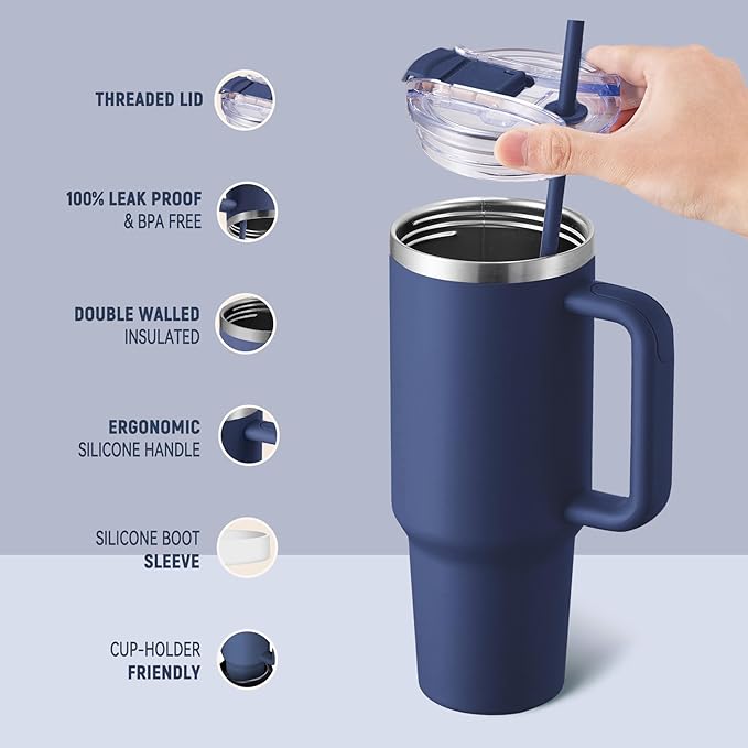 COKTIK 40 oz Tumbler With Handle and Straw Lid, Vacuum Insulated Travel Coffee Mug Stainless Steel Insulated Cup for Beverages, Leak-proof, Cupholder Friendly(Navy) - Bloomnest