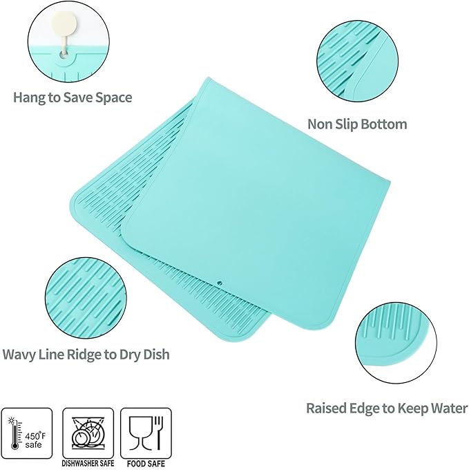 Silicone Dish Drying Mat for Multiple Usage,Easy clean,Eco-friendly,Heat-resistant Silicone Mat for Kitchen Counter or Sink,Refrigerator or Drawer Liner Mint 5XL 36inches x 18inches - Bloomnest