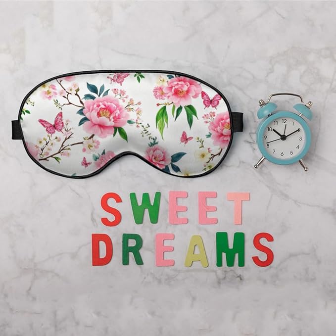 Pink Cherry Eye Mask Sleeping Mask Flower Peony Plum Branches Flying Butterflies Sleep Masks Silky Soft Eye Cover for Women Men Shading Blindfold for Air Travel Sleeping - Bloomnest