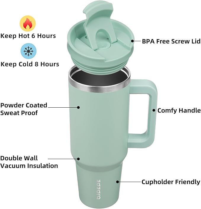 BJPKPK 40oz Stainless Steel Insulated Tumbler With Handle And Lid Straw Travel Coffee Mug Thermal Cup,Pistachio Green