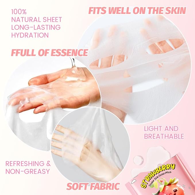 8 Pack Strawberry Kids Face Mask,Pink Face Masks Skincare Spa Day Kit Supplies,Spa Party Favors for Teens Girls Women,Sheet Facial Mask Skincare Gifts Set,Moisturize Soothe for All Skin Types - Bloomnest