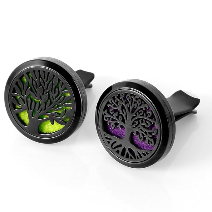2PCS Tree of Life Car Diffuser Aromatherapy Essential Oil Black Stainless Steel Locket with Vent Clip 12 Felt Pads - Bloomnest