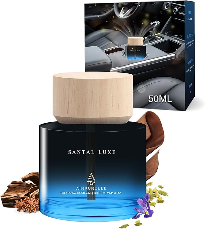 Car Air Freshener 50ML (1.7 FL OZ) Car Air Fresheners Perfume - Spicy Sandalwood Fragrance Oil Air Diffuser for Car, 180+ days Long Lasting Fragrance, Wooden Cup Design Car Fresheners, Made in USA - Bloomnest
