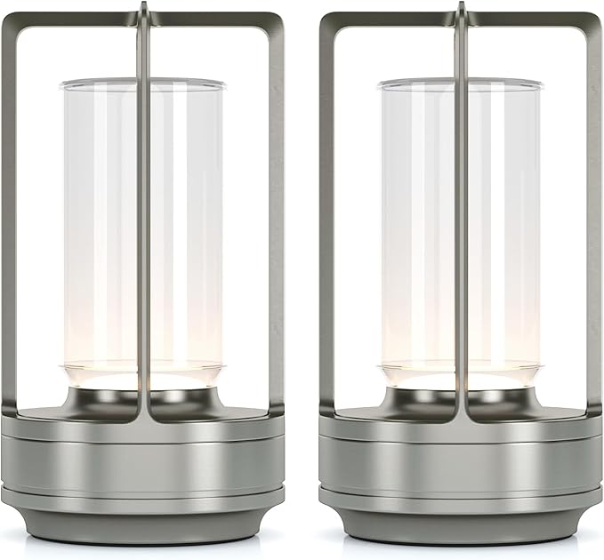 Portable Metal Table Lamp for Indoor/Outdoor ,Rechargeable Cordless LED Lamp, 3-Colour Infinitely Dimming Battery Powered Small Desk Lamp, Restaurant/Bedroom/Bar/Coffee/Camping Light (Sliver Set of 2) - Bloomnest