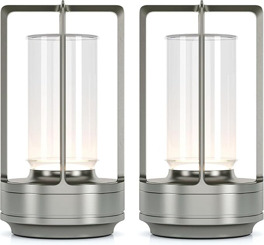 Portable Metal Table Lamp for Indoor/Outdoor ,Rechargeable Cordless LED Lamp, 3-Colour Infinitely Dimming Battery Powered Small Desk Lamp, Restaurant/Bedroom/Bar/Coffee/Camping Light (Sliver Set of 2) - Bloomnest