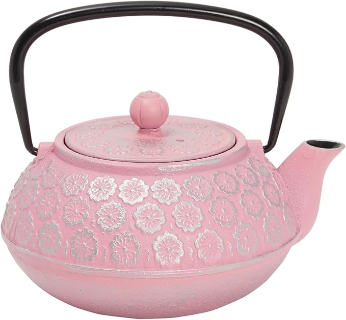 Juvale Cast Iron Tea Kettle - Stainless Steel Infuser & Loose Leaf Tea Steeper - Heat Retention in Pink Cast Iron Kettle - 34 oz