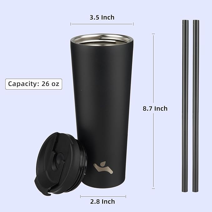 26 OZ Insulated Tumbler with Lid and 2 Straws Stainless Steel Water Bottle Vacuum Travel Mug Coffee Cup,Black - Bloomnest