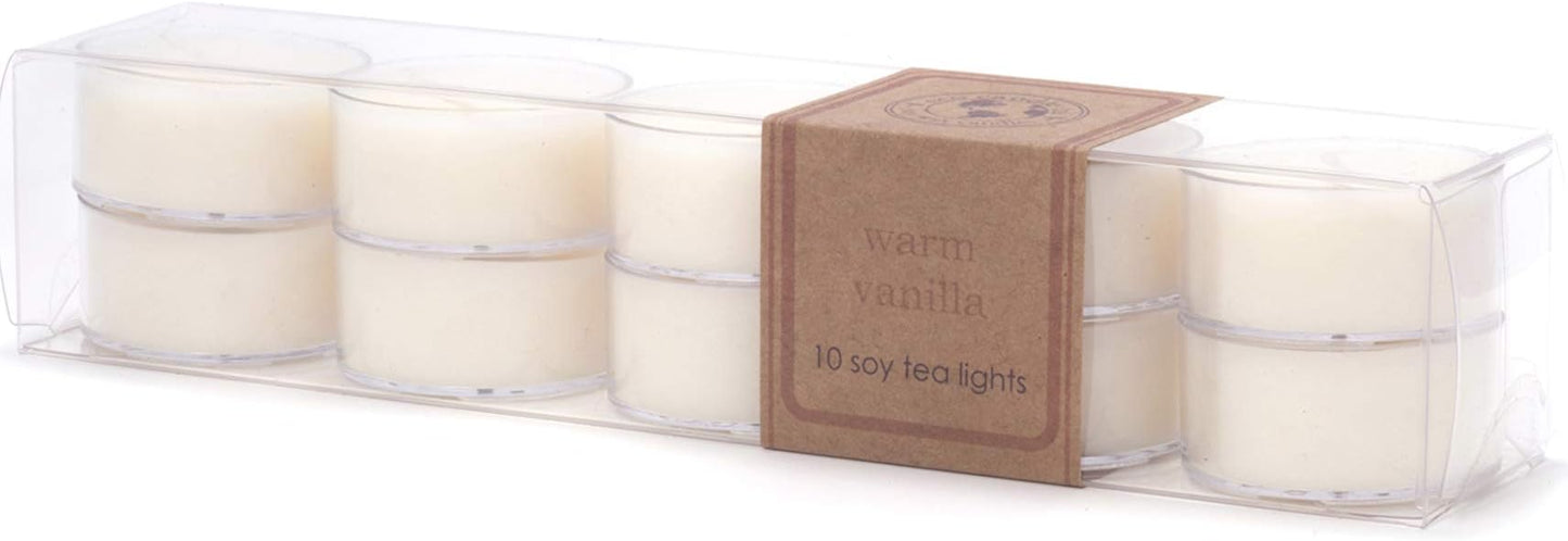 ECO CANDLE CO. Tea Light Candles, Warm Vanilla, 10-Pack - Scents of Rich Vanilla - Recyclable Plastic Cups, 100% Soy Wax, No Lead, Hand Poured, Made from Midwest Grown Soybeans, .6 oz. Each - Bloomnest