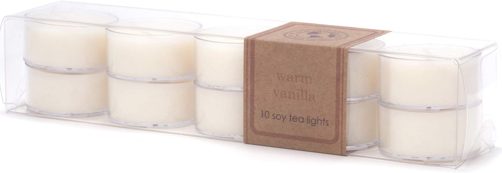 ECO CANDLE CO. Tea Light Candles, Warm Vanilla, 10-Pack - Scents of Rich Vanilla - Recyclable Plastic Cups, 100% Soy Wax, No Lead, Hand Poured, Made from Midwest Grown Soybeans, .6 oz. Each - Bloomnest