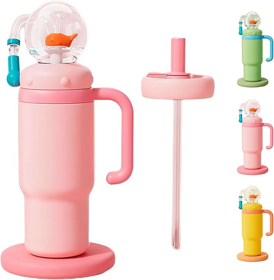 Drinking Cup With Whale Squirt, 24oz Whale Water Bottle with Handle, Insulated Stainless Steel Whale Water Cups With Two Silicone Soft Tip, Leak-Proof Whale Fountain Bottle for Kids Teens (Pink) - Bloomnest