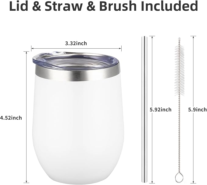 12 oz Insulated Wine Tumbler with Lid and Straw,Stainless Steel Stemless Wine Tumbler Glasses Double Wall Vacuum Wine Cups Tumbler Bulk for Coffee,Champaign,Cocktail (White,8) FristChoice