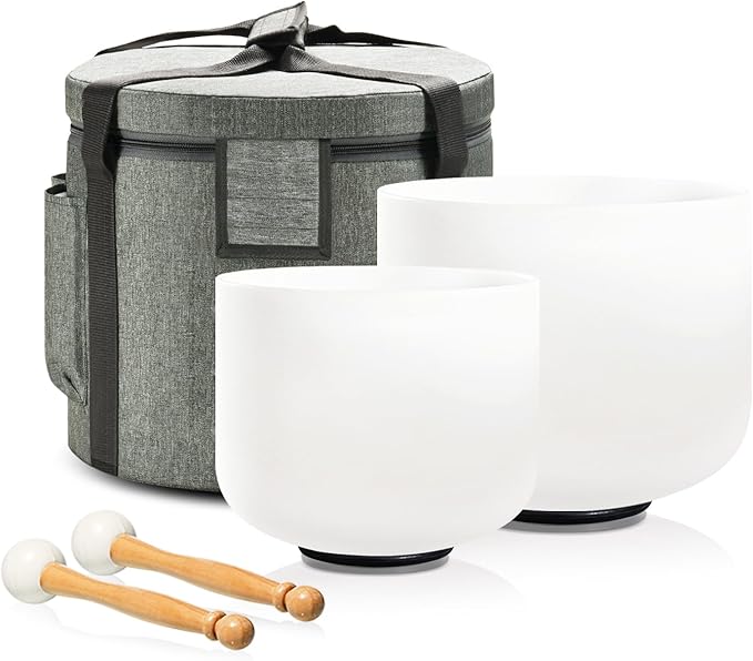 Couple of 2 PCS Crystal Singing Bowl Set, 8" F note Heart Chakra and 10" C note Root Chakra, Sound Bowl Meditation Set for Healing with Carry Case Bag. - Bloomnest