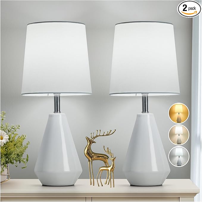 Small Bedside Table Lamp for Bedroom-Reading Desk Lamp Set of 2,with 3 Color Temperatures,15.5" Nightstand Ceramic Lamp with Fabric Shade for Kids Room,Living Room,Dorm,Home Office(White) - Bloomnest