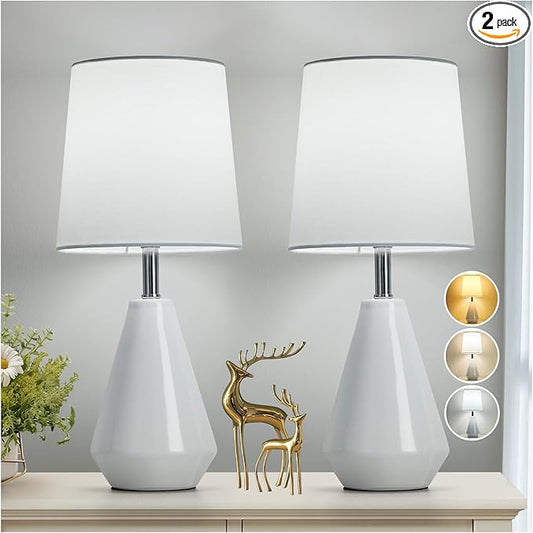 Small Bedside Table Lamp for Bedroom-Reading Desk Lamp Set of 2,with 3 Color Temperatures,15.5" Nightstand Ceramic Lamp with Fabric Shade for Kids Room,Living Room,Dorm,Home Office(White) - Bloomnest