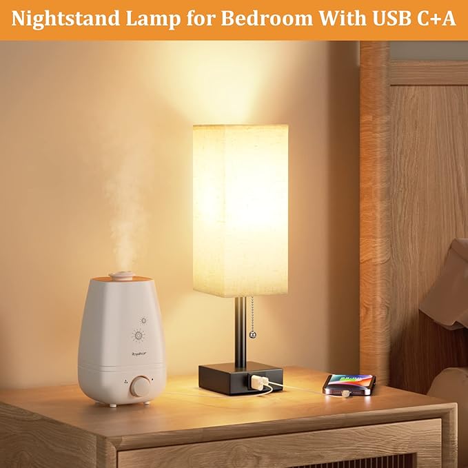 Bedside Table Lamp with 3 Color Temperatures - 3000/4000/5000K Small Lamp with USB C+A Ports, Nightstand Lamp with 3 Color Modes by Pull Chain, Bedroom Lamp for Living Read Work(LED Bulb Included) - Bloomnest