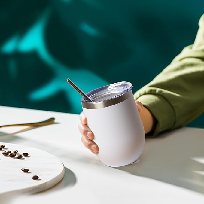 12 oz Insulated Wine Tumbler with Lid and Straw,Stainless Steel Stemless Wine Tumbler Glasses Double Wall Vacuum Wine Cups Tumbler Bulk for Coffee,Champaign,Cocktail (White,8) FristChoice